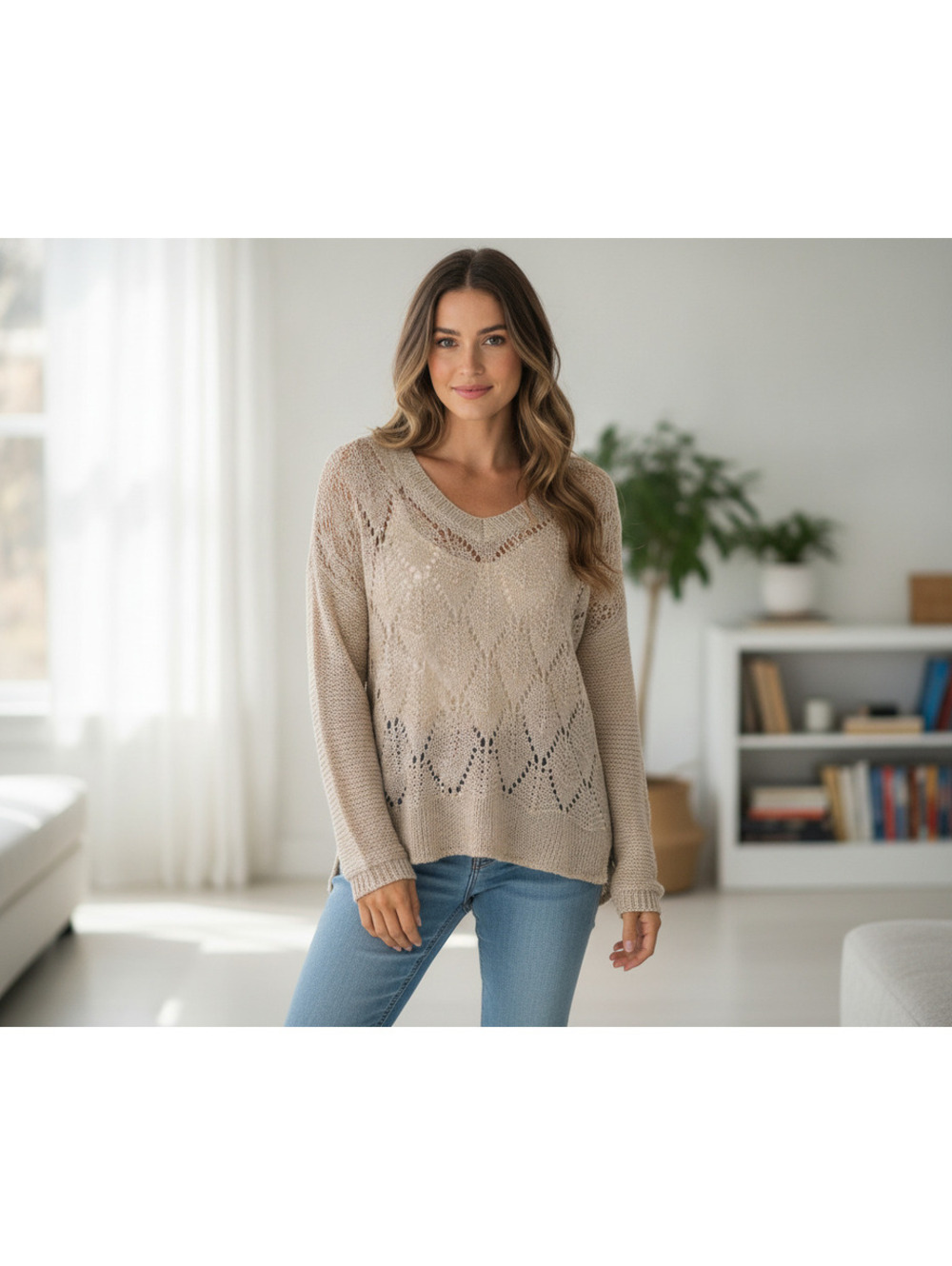 Black Swan Beige Open Knit V-Neck Sweater Size 8